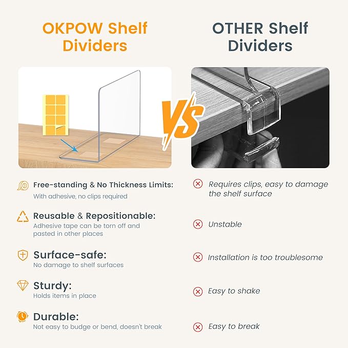 OKPOW Shelf Dividers for Closet Organization – Keep Sweaters & Purses Upright, Clear Acrylic Separators for Most Wood Shelves & Pantry, Damage-Free, Sturdy & Tall (10" x 12", 4 Pack)