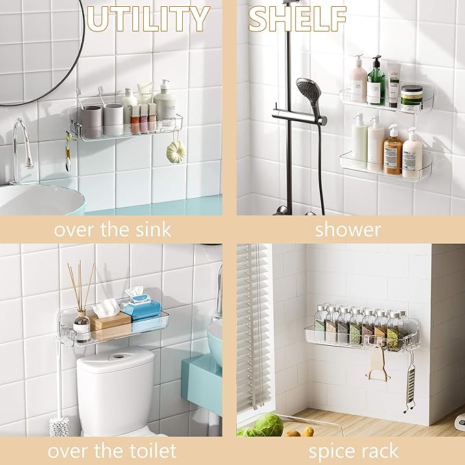 UDD Acrylic Clear Shower Caddy Shower Organizer, Plastic Adhesive Shelf with Hook and Self Adhesive Tape, No Drilling Wall Mount Shower Shelves for Bathroom Kitchen, Transparent