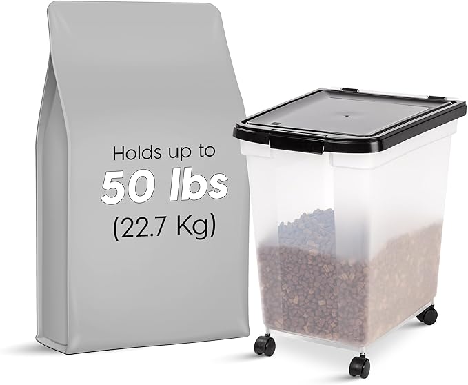 IRIS USA WeatherPro Airtight Dog Food Storage Container, Up to 50 lbs, Removable Wheels, for Dog Cat Bird and other Pet Food Storage Bin, Keep Fresh, Translucent Body, Easy Mobility, Clear/Black