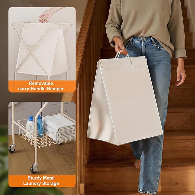 Laundry Basket with Wheels:88L Rolling Laundry Cart Foldable Metal Frame Dirty Clothes Laundry Hamper 36"H 4 Caster 2 Brake Waterproof Removable Liner Carry Handle for Dorm Laundry Room,Cream