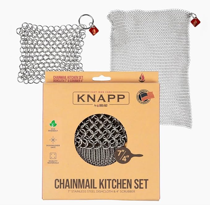 Knapp Made Cast Iron Chainmail Scrubber Kitchen Set - 4" and 7" Sizes. Premium Stainless Steel Cleaner for Your Finest Pots, Pans, and Kitchenware