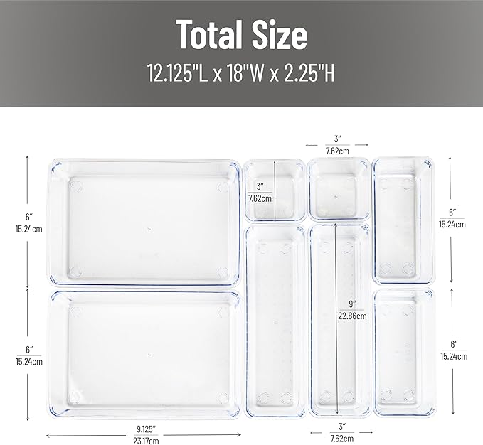 Mind Reader 8-Piece Drawer Organizer Set, Storage Trays for Kitchen, Bathroom, Office, Makeup, Jewelry & More, Junk Drawer Tray, Utensil Holder, Plastic, Clear