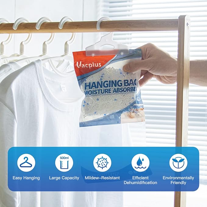 Vacplus Moisture Absorbers, Hanging Closet Dehumidifier Bags, Humidity Packs, Desiccant, Closet Dehumidifiers with Linen Fragrance, 20 Pack, 9.8 OZ