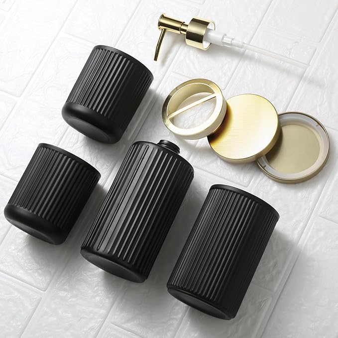 Matte Black and Gold Bathroom Accessories Set, 4 Pack Glass Bath Accessory Sets Complete, Ribbed Soap Dispenser and Toothbrush Holder Set with 2 Qtip Holders, Modern Gold Bathroom Decor