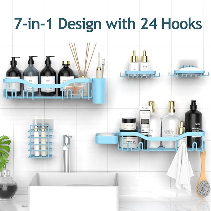 Shower Caddy Adhesive Shower Organizer 7-Pack, Rustproof Stainless Steel Bathroom Shelves, Large Capacity No-Drill Rack Storage Accessories with Soap Dish Toothbrush Holder Hooks