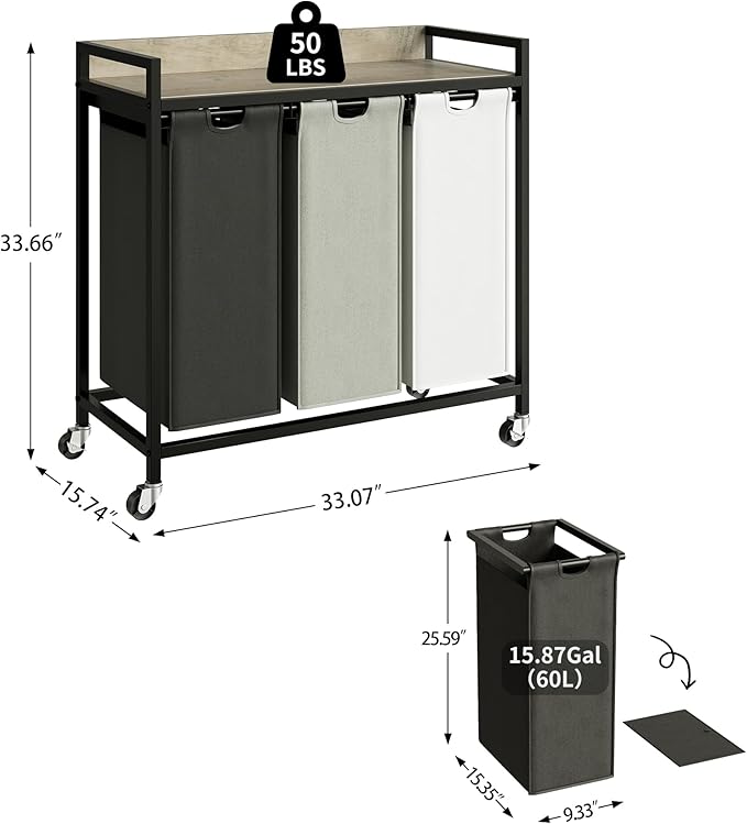 Laundry Hampers with Shelf, Laundry Basket 3 Section, Laundry Sorter with Pull-Out Removable Large 3 Color Bags and Movable Wheels, Metal Frame, 3 x 15.87 Gallons (60L), Greige PF04XLZ