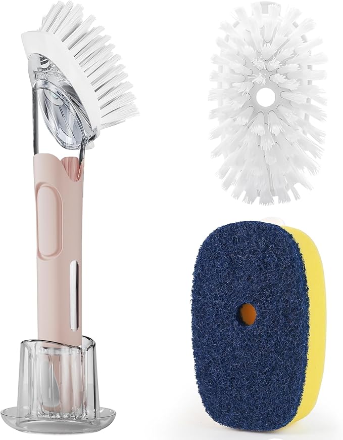 Dish Brush with Soap Dispenser Storage Set with 2 PCS Brush Refills & Holder, Dish Scrubber with Soap Dispenser, Dish Soap Brush, Dish Wand with Soap Dispenser for Dishes, Pans, Sink, Pots(Pink)