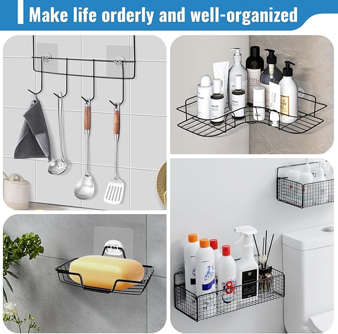 15 Pack Shower Caddy Adhesive Replacement - Strong No Drilling Shower Shelf Adhesive Hooks for Bathroom Storage Shelves & Kitchen Racks, 3 Sizes Included