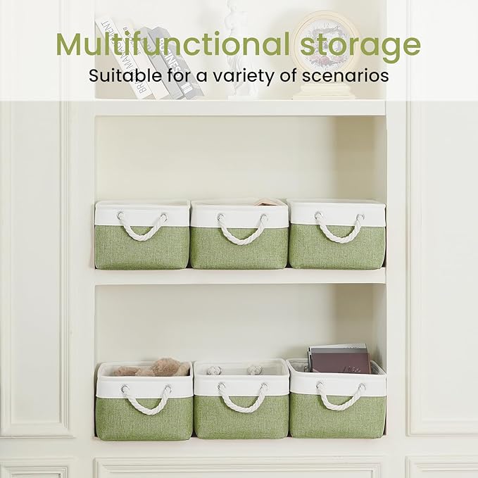 Storage Baskets for Shelves 13.8x9.8x6.7 Inch, Foldable Fabric Storage Bins with Handles, Small Storage Baskets for Organizing Closet, Office, Home Organization (6-Pack, White&Green)