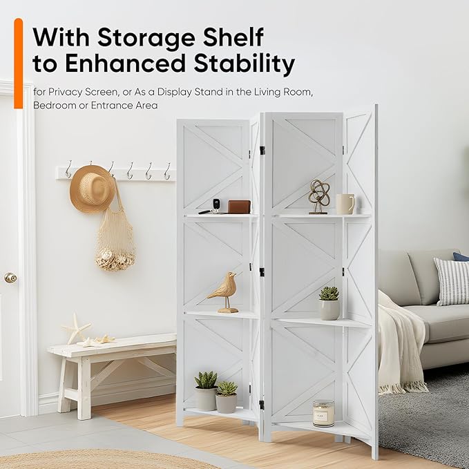 Modern Room Divider with Shelves, White X-Shape Design Folding Partition, 4-Panel Contemporary Freestanding Divider for Bedroom&Office, 67" H x 64" W