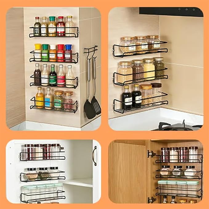 No-Drill Wall-Mounted Spice Rack, Carbon Steel Wall-Mounted Kitchen Spice Rack, Kitchen Hanging Condiments Storage, Wall-Mounted Spice Rack for Cabinet Door Storage, For Kitchen Organization (Large)