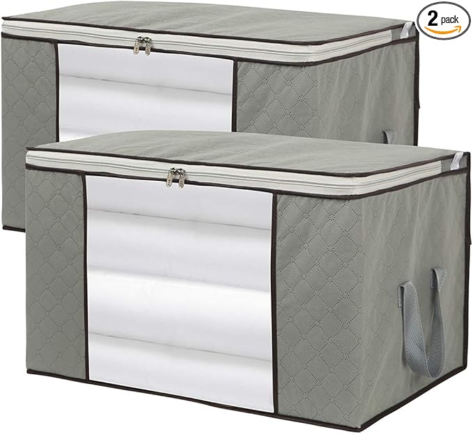 2 Pack Foldable Large Storage Bags 28 x 20 x 12 (L x W x H) inch for Comforter Quilt Blanket Clothes with Clear Window & Handles - Easy to Fit King Size Comforter Set - Closet Under Bed Organizer