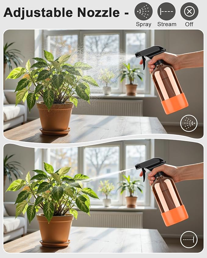 Amber Glass Spray Bottle with Silicone Sleeve Protection, 16 oz Refillable Spray Bottle for Cleaning Solutions, Plants, Aromatherapy, Facial Hydration (Orange Sleeve(Amber Bottle)