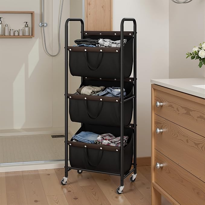 GRANNY SAYS 3 Tier Laundry Sorter, Laundry Basket with Wheels, Laundry Room Organization and Storage, 3 Section Rolling Laundry Cart for Dorm, Bathroom, Bedroom, Closet, Black