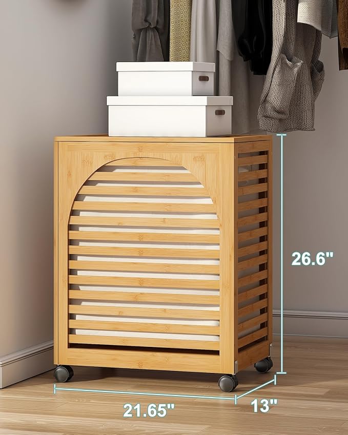 Laundry Hamper with Wheels, Large Laundry Basket with Lid, 27.3 Gallon (103.4L) Bamboo Wood Clothes Laundry Hamper 2 Section with Handles, Removable Liner