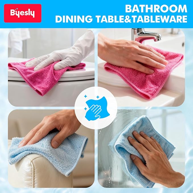 12-Pack Microfiber Cleaning Cloth, 11.5x11.5 Microfiber Towels for Cars, Dishes & House, for Detailers, Chefs & Efficient Home | Scratch-Free, Lint-Free, Ultra Absorbent(Yellow/Pink/Blue)