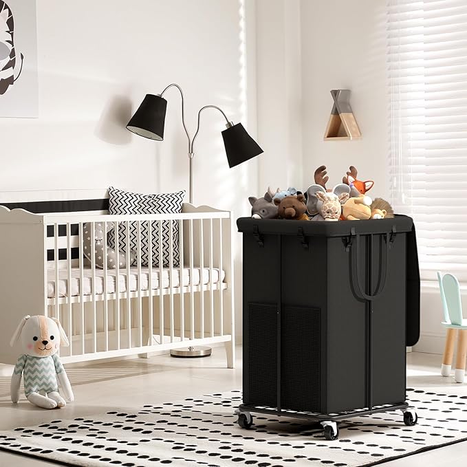 160L Large Laundry Hampers with Lid, Oxford Fabric Laundry Hampers, Metal Frame and Removable Bag Design with Wheels, Suitable for Bedroom, Bathroom, Dorm Room, Laundry Room (Black Lid Rope)