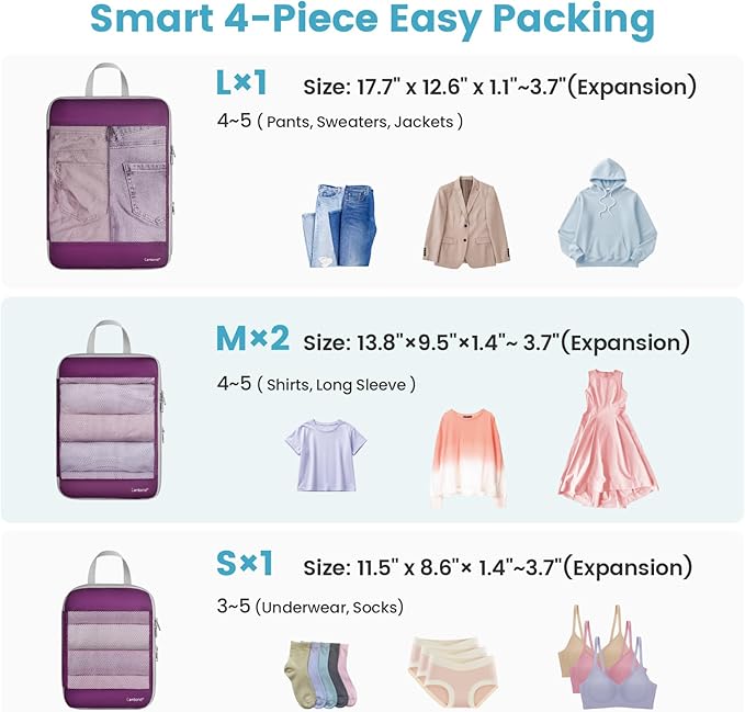 Cambond See Through Mesh Compression Packing Cubes - 4 Set Space Saving Packing Cubes for Travel Women, Lightweight Travel Bags Luggage Packing Organizer Essentials for Suitcases, Purple