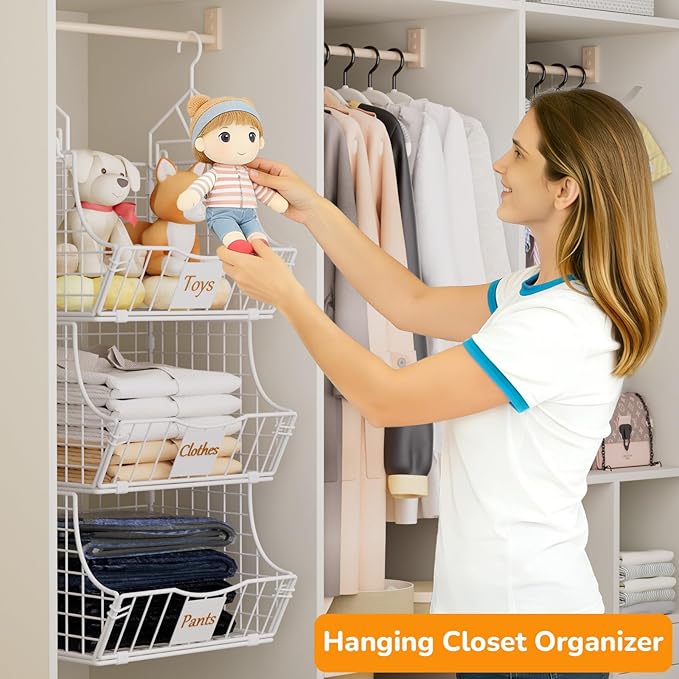 Hanging Closet Organizers and Storage, 5 Tier Closet Shelf Clothes Organizer with 2 S-Hooks, Multi-Functional Iron Wire Baskets, for Clothing, Sweaters, Handbags, Hat, Canned