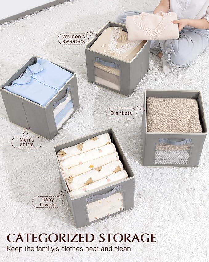 Storage Cube 11 Inch - Cube Storage Bins with Window, Closet Storage Baskets with Handle, Fabric Bins for Closet, Shelves, Toys, Clothes, Set of 14, Grey