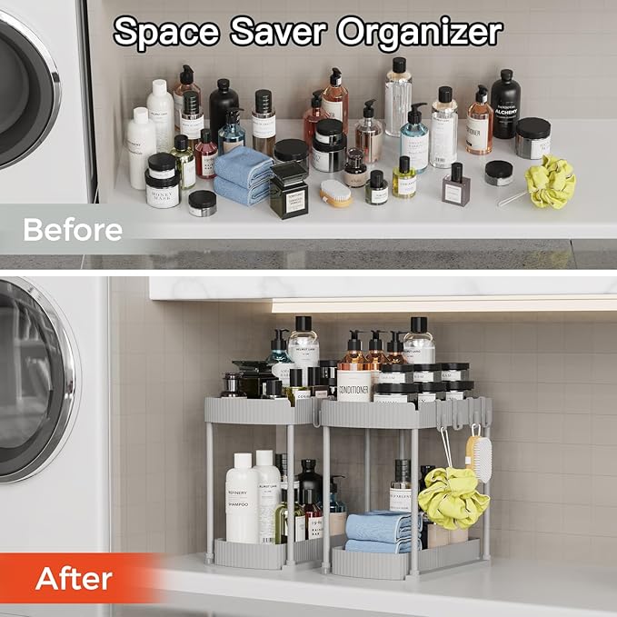 Ukeetap 2 Pack Multi-Purpose Pull-Out Storage Organizers, Under Sink Organizers and Storage for Bathroom & Kitchen, Under Cabinet Organizers and storage, 12.8 Inch, Grey