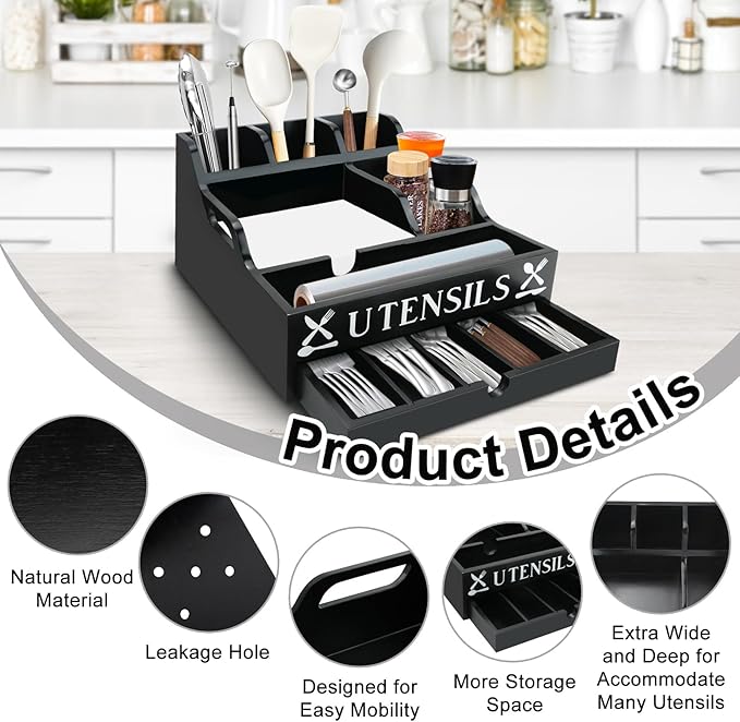 Kitchen Utensil Holder, Lagre Wooden Cooking Utensil Holder, Farmhouse Spatula Organizer, Countertop Utensil Crock for Forks Spoons Knives Kitchen Cooking Tools Storage with 11 Compartments(Black)
