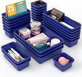 25 PCS Drawer Organizer Set, 4 Size Makeup Drawer Divider Organizer With Non-Slip Pads, Interlocking Plastic Storage Bins for Office,Jewelry Vanity,Gadgets, Bathroom,Kitchen, Navy