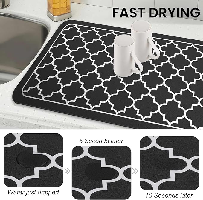 WISELIFE Dish Drying Mat Super Absorbent Drying Mat Large Dish Drying Mats for Kitchen Counter Easy Clean Dish Mat Kitchen Drying Mat18"x 36" Stylish Black
