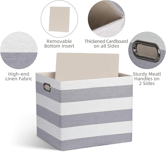 13x15x13 Storage Cube Bins, Foldable Storage Cubes, Fabric Organizer Basket Bin, Striped Containers Decorative Storage Boxes for Shelves Wardrobe Closet Home Office, 4 Pack, Gray/White