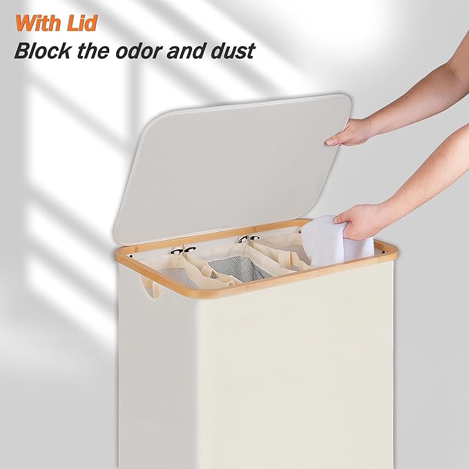 efluky Laundry Hamper with Lid, Trio Laundry Hamper with 3 Removable Bags, 3 Section Laundry Basket with Bamboo Handles for Bathroom, Bedroom & Laundry Room, 160L Beige