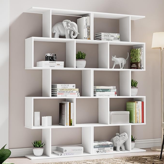 Cozy Castle Set of 2 Geometric Bookcase, S-Shaped Modern Bookshelf, Room Divider Bookshelf, 62" Tall Unique Abstract Bookcase with 5-Tier Display Shelf for Living Room Office, White