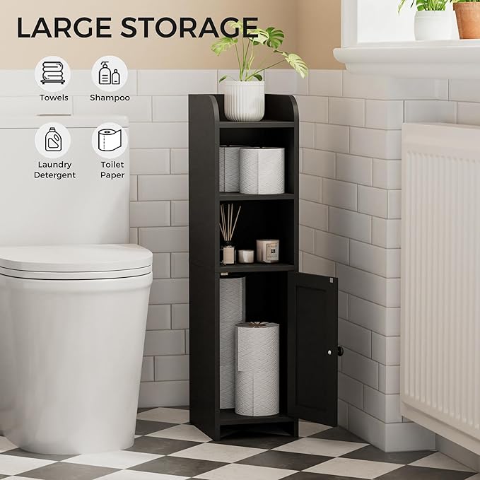 Homhedy Small Bathroom Storage Corner Floor Cabinet with Door and Shelves, Beside The Toilet Paper Stand for Skinny, Narrow Toilet Paper Cabinet, 9.8" D x 7.9" W x 31" H, Black