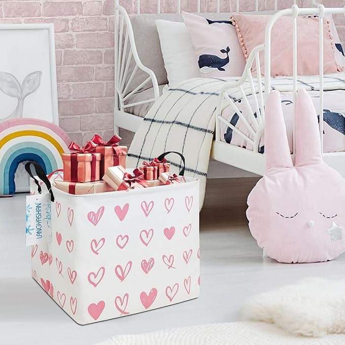 LANGYASHAN Square Storage Baskets Waterproof Canvas Children Laundry Nursery Hamper for Shelves Gift Baskets Toy Organizer Room Decor (Square Pink Heart)