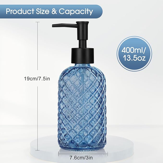2 Pack Gem Glass Soap Dispenser with Black Plastic Pump, 13oz Liquid Hand Soap Dispenser, Rustproof Pump for Kitchen & Bathroom, Great for Lotions, Essential Oil, Liquid Soaps-Blue