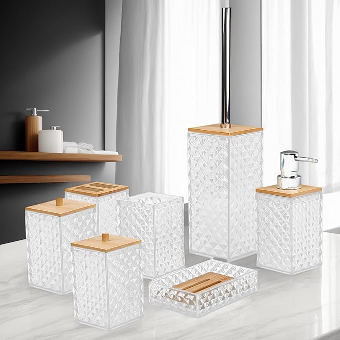 Bathroom Accessory Set,7 Pcs White Bathroom Set Include Soap Dispenser, Qtip Holder Dispenser, Soap Dish,Toilet Brush,Toothbrush Holder & Mouthwash Cup.Boho Bathroom Set