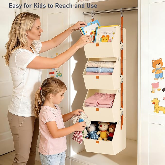 DIMJ Hanging Closet Organizer - 4 Tier Collapsible Hanging Shelves with Hooks Zipper, Fabric Clothes Organizer, Space-Saving Storage Bin Basket for RV, Bedroom, Laundry Organization