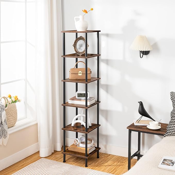 HOOBRO 6-Tier Corner Shelf, Corner Square Rack Display Shelf, Tall Storage Rack Plant Stand, Bookcase for Small Spaces, Living Room, Home Office, Kitchen, Rustic Brown and Black BF55CJ01