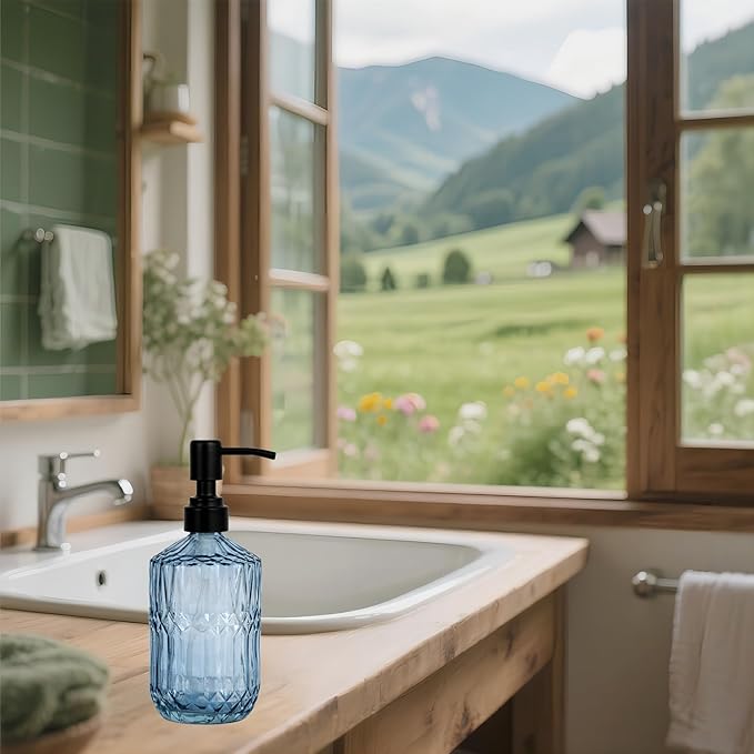 18oz Blue Glass Soap Dispenser, Refillable Kitchen, Bathroom Thick Glass Soap Dispenser with Black Rustproof Pump for Dishwashing Liquid, Hand Soap, Lotion, Body Wash (Blue-Black Pump)