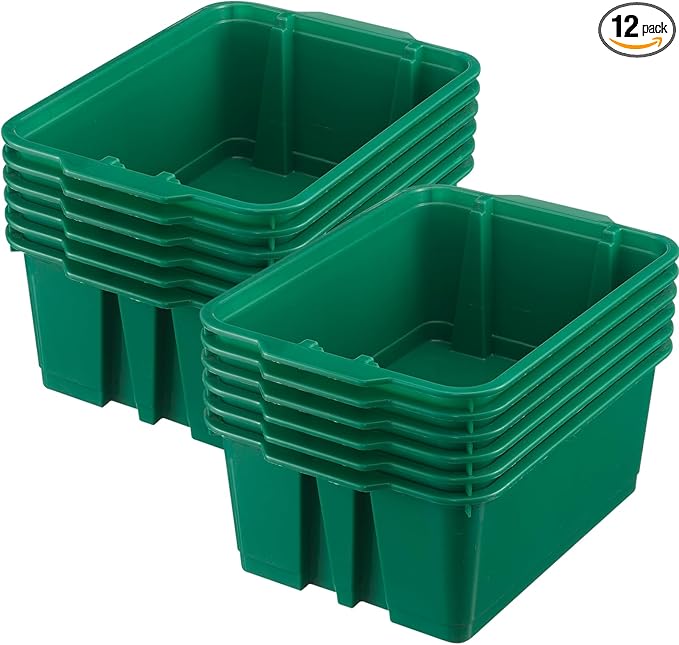 Really Good Stuff Stacking Bins, 14" x 10" x 5 .75" - 12 Pack, Green, Stackable Storage Plastic Bins for Classroom Organization, Home Storage, Office & Hospital Supplies