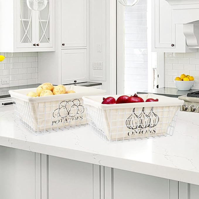 2 Set Metal Wire Baskets with Cotton Lining, Potato Bin Onion Container, Produce Fruit Veg Organizing Bin for Kitchen Storage - White