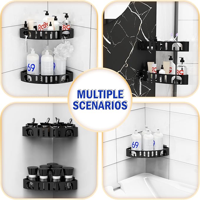 Adhesive Corner Shower Shelf No Drill | Rust-Proof Aluminum Alloy Stick On Bathroom Organizer with Shaving Holder for Shampoo, Conditioner, Soap, Razors Black 2Pack