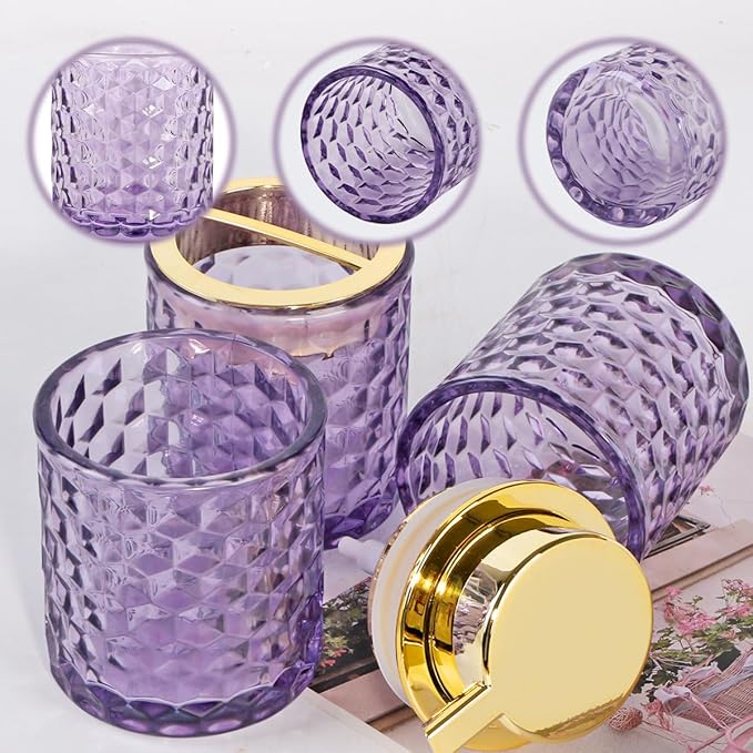 Bathroom Accessories Set, 3pcs Purple Glass Bathroom Accessory Set,Toothbrush Holder, Foaming Soap Dispenser and Tumbler, Gold Bathroom Decor Sets for Organizer, Home Apartment Gift