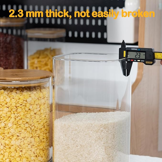 D2scrma 122oz Airtight Glass Square Storage Canister with Bamboo Lid Set of 2(3600ml*2) Large Storage Container Gallon Glass Jars, for Sugar, Flour, and Coffee bean (with Black Lable)