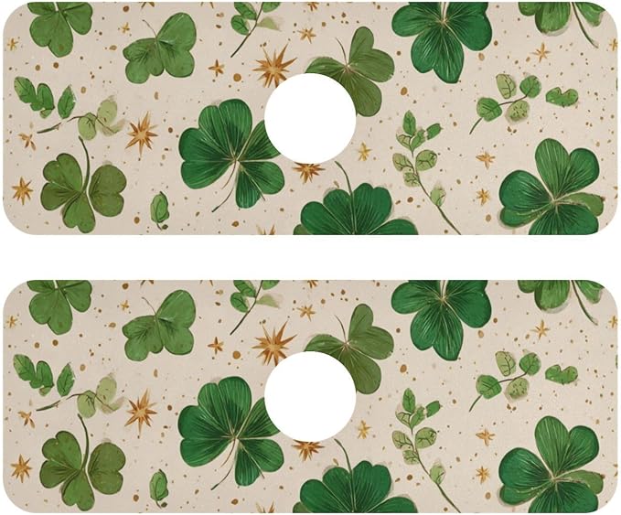 Kitchen Sink Splash Guard 2 PCS 14.7 Inch Sink Faucet Mat Splash Guard for Bathroom Countertop Water Absorbent Foldable Cuttable Soft Washable Green Clovers and Gold Stars