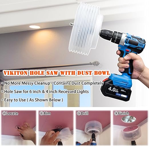 6 & 4 Hole Saw for Recessed Lights, 6 Inch & 4 Inch Hole Cutter with Dust Bowl Catcher for Led Recessed Lighting 6 Inch & 4 Inch and Wood Metal Drywall, Bi-Metal Construction, Black