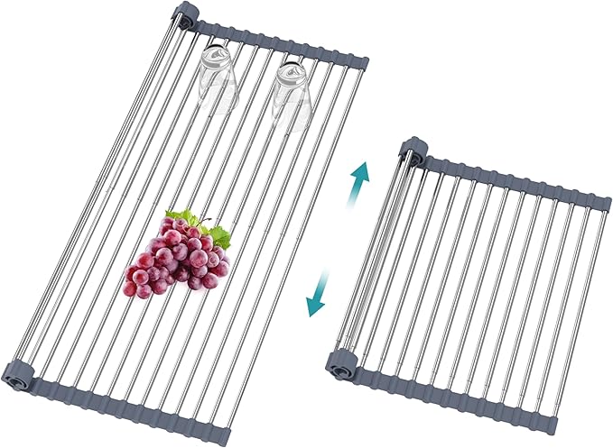 BBXTYLY Extra Large Expandable Roll Up Dish Drying Rack,Over The Sink Drying Rack Sink Cover Kitchen Sink Accessories Kitchen Rolling up Stainless Steel Drainer, Foldable,Rollable（Gray，25.1''-12.4''）