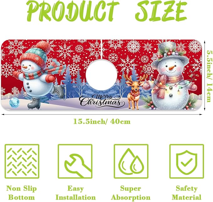 Chrismas Sink Splash Guard Faucet Mat Christmas Absorbent Fast Drying Mat Sink Gadgets Splash Guard Behind Faucet Drip Catcher for Kitchen Bathroom 15.5"X5.5"