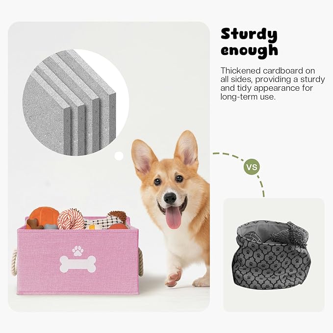 Dog Toy Basket with Lid, Dog Basket for Toys, Dogs Toy Box with Cotton Rope Handles, Collapsible Storage Bins for Pet Toys, Dogs Storage Organizer, Pink