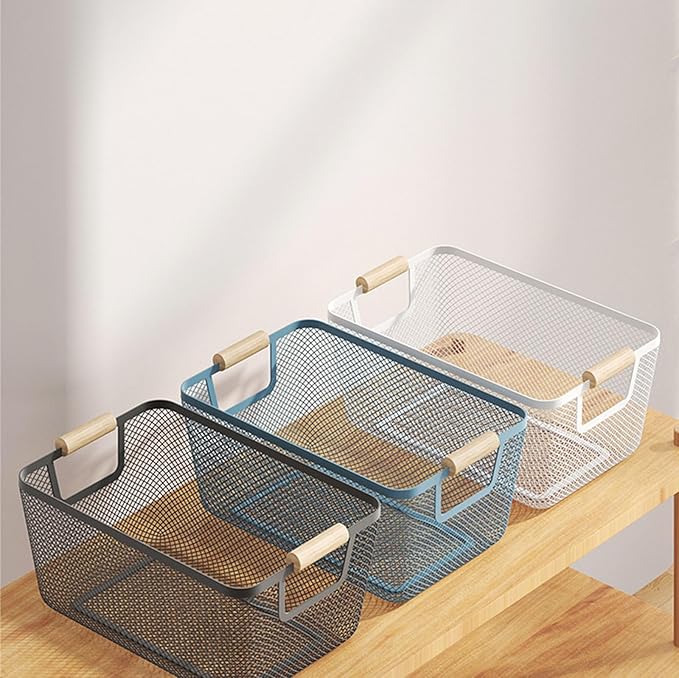 Metal Mesh Steel Basket, Small Wire Storage Organizer Baskets Multi-function Hanging Kitchen Basket with Wood Handle for Kitchen Bathroom Picnic Home, Rectangle-Blue