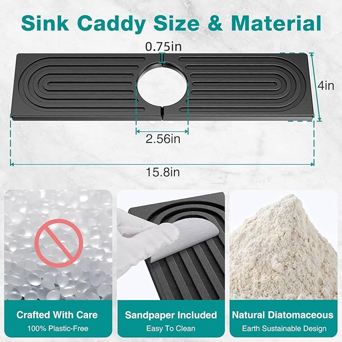 DK177 Faucet Mat for Kitchen Sink - Water Absorbing Stone Tray for Sink, Diatomite Fast-Drying Faucet Mat, Faucet Splash Guard for Bathroom Counter (Dark Gray, 15.8" x 4")